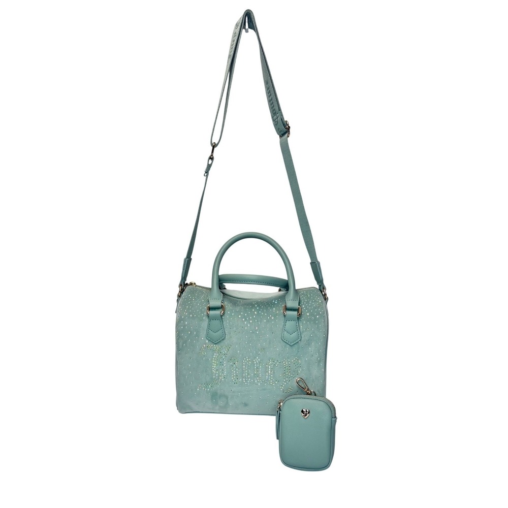 Juicy Couture Crossbody Satchel Bag Y2K Mint Green Blue Rhinestone Velour